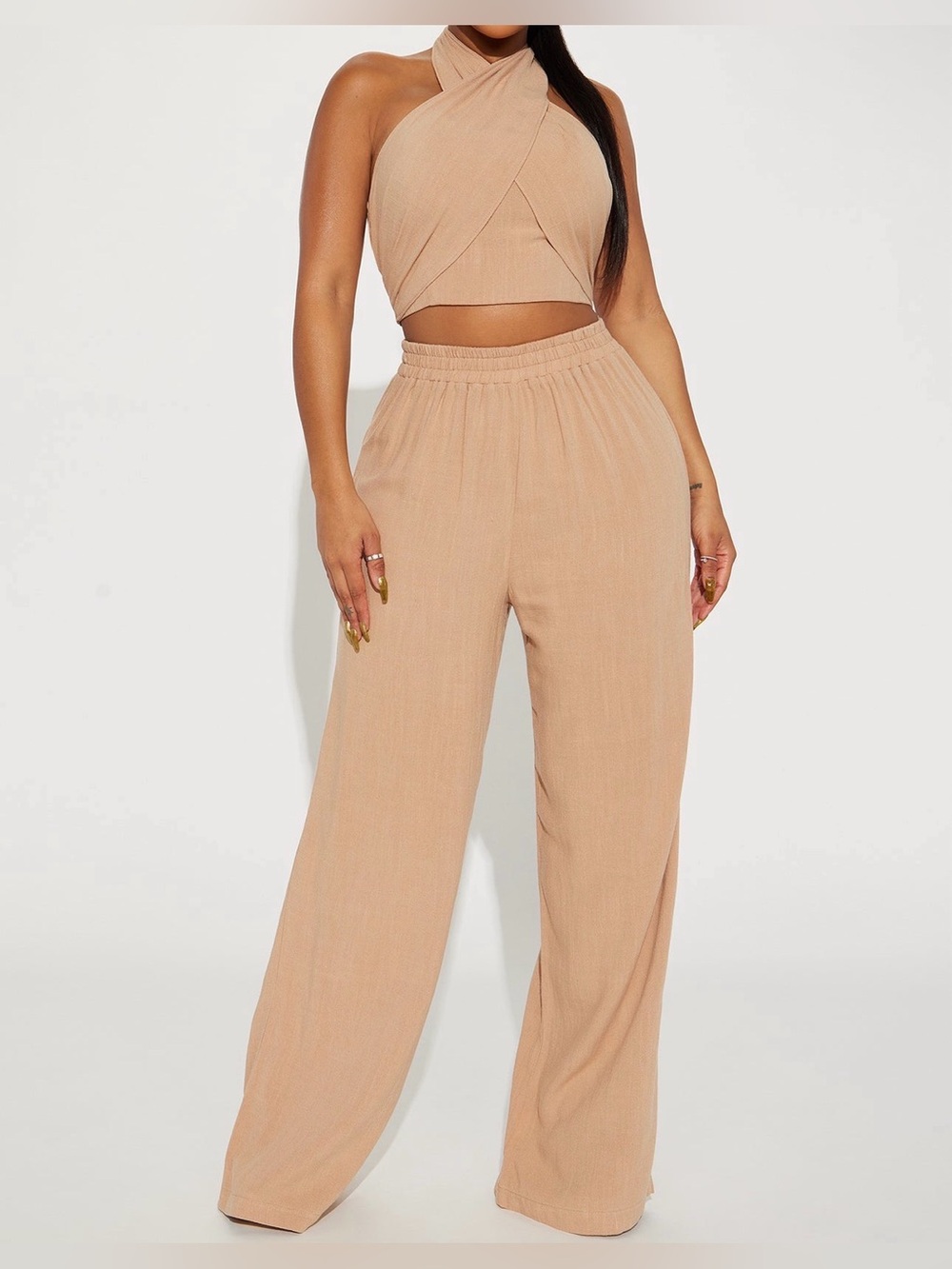 Fashion Nova Khaki Wide-Leg High Waist Pants Set